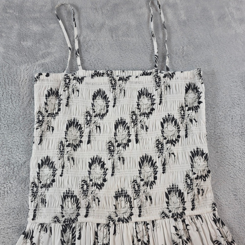 Madewell Women Large White Black Graphic Sunflower Floral Smocked Maxi Dress - Picture 9 of 11